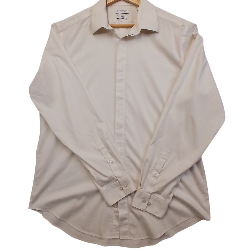 Calvin Klein Mens L 16-16.5 34/35 Off White Dress Shirt Slim Stretch
